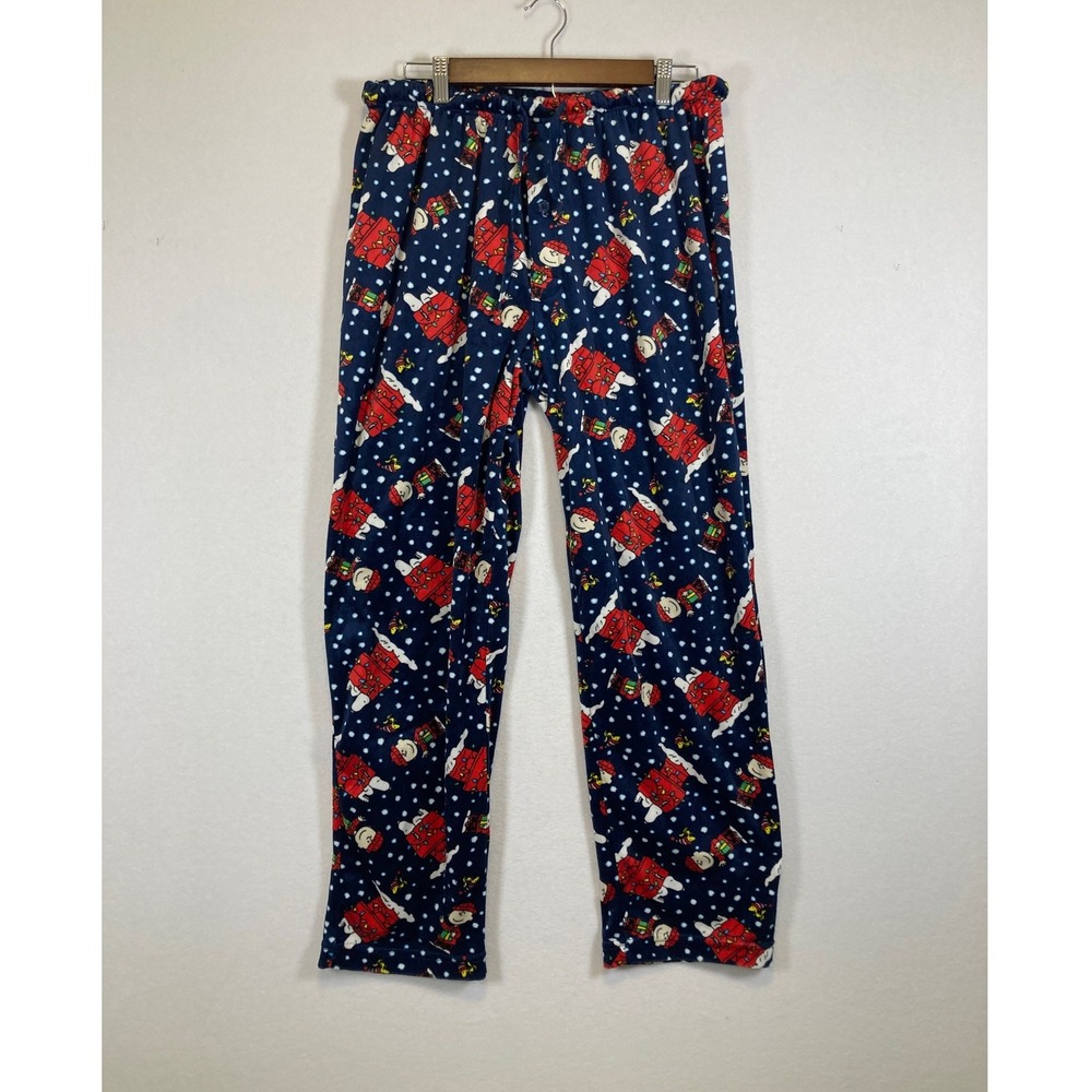 Peanuts Pajama Pants Mens‎ Large Navy Blue Snoopy Charlie Brown Christmas Fleece